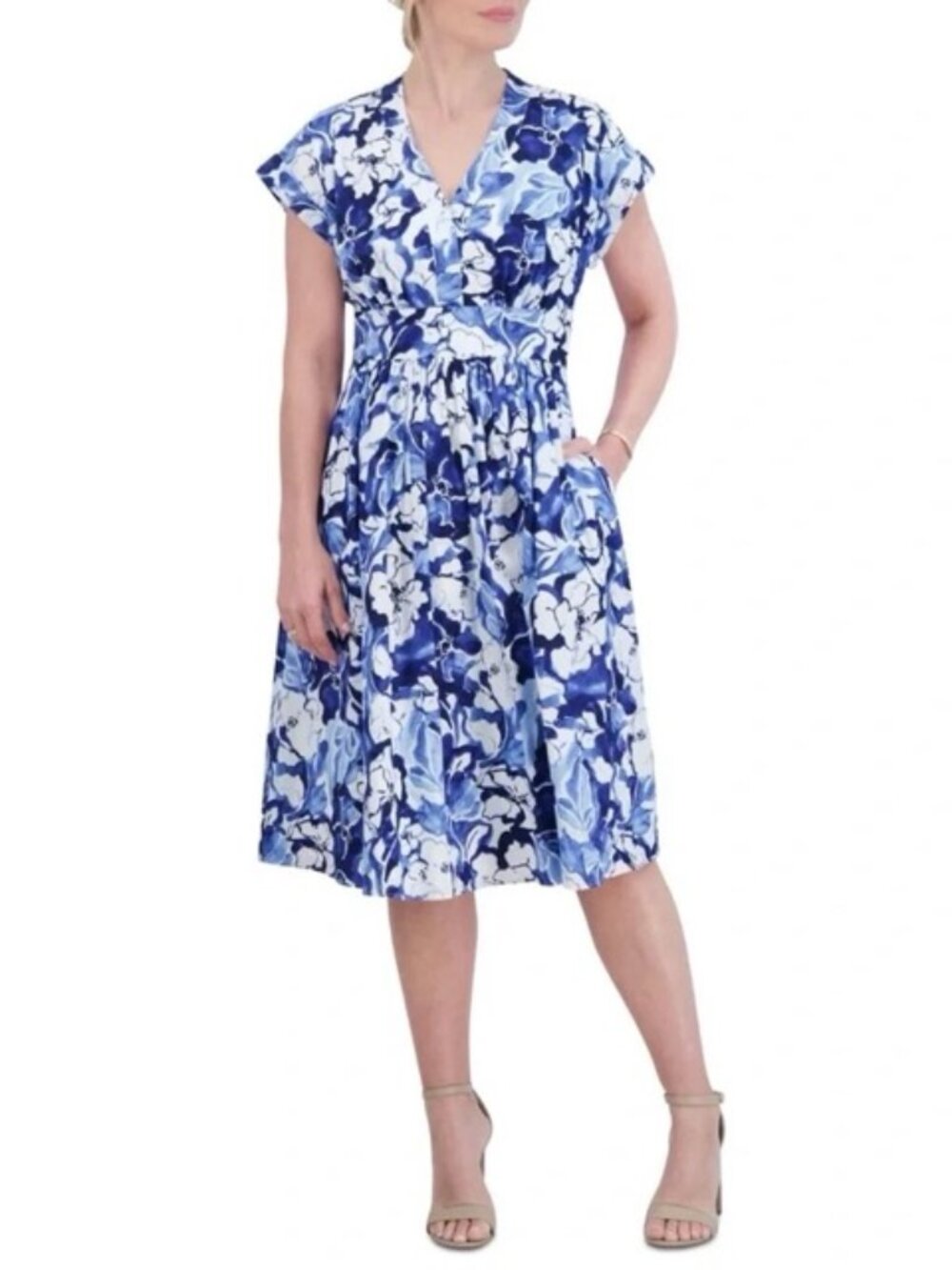 ⭑Jessica Howard Womens Floral Print Split Neck Fit & Flare Dress